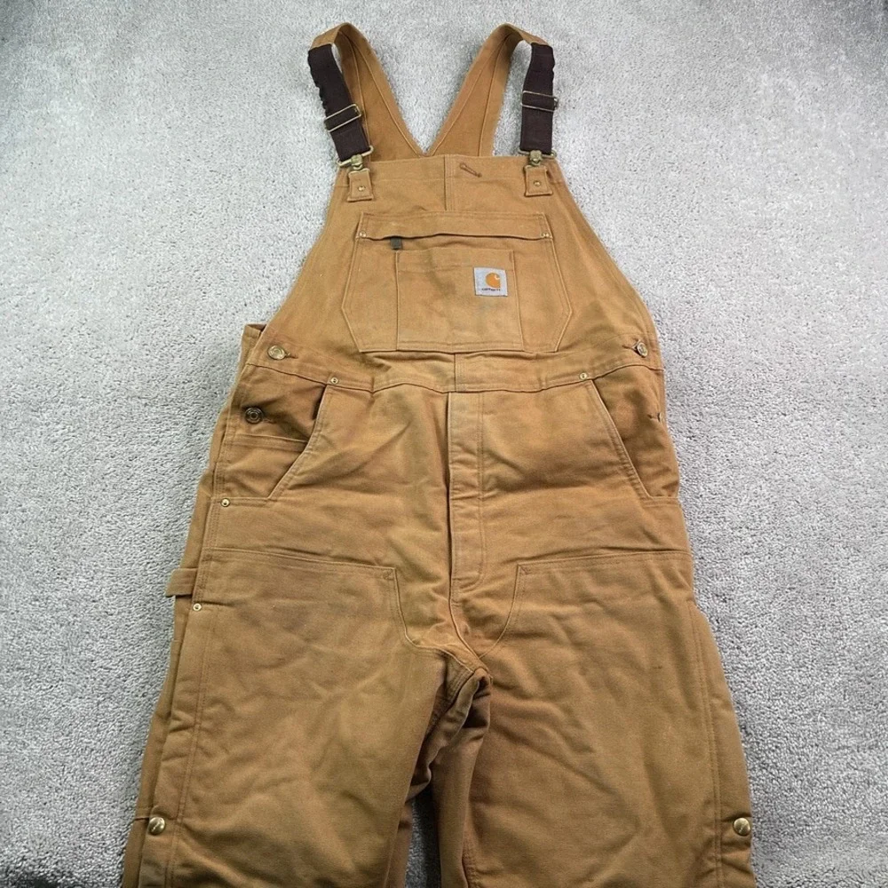 Carhartt Bib Overall Men Medium Short Brown Loose Fit Duck Insulated Double Knee